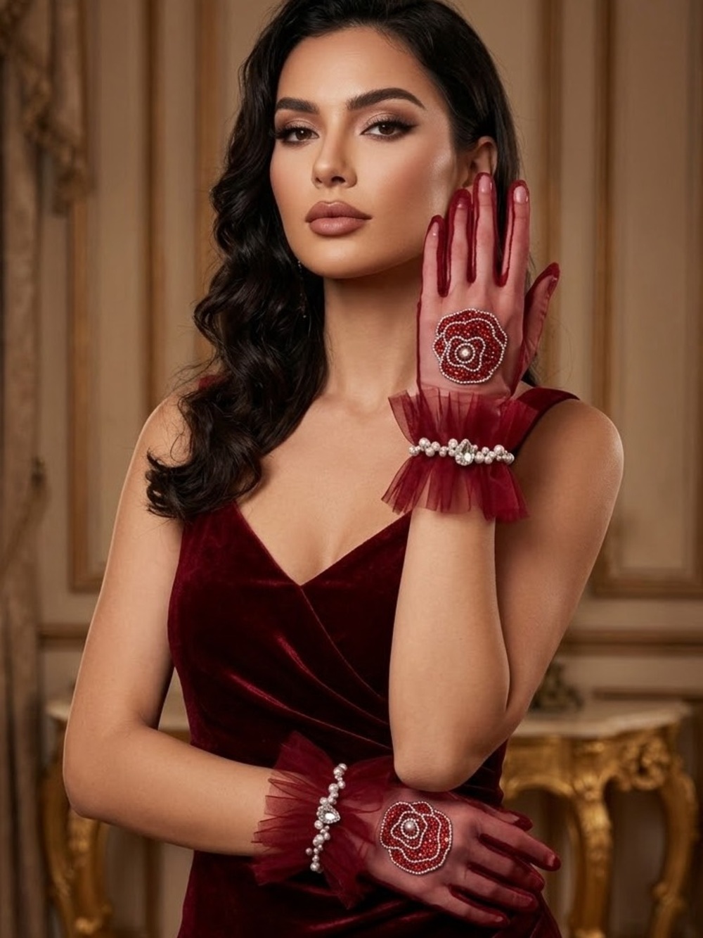 Elegant Burgundy Lace Gloves with Pearl Cuff - Women Accessories